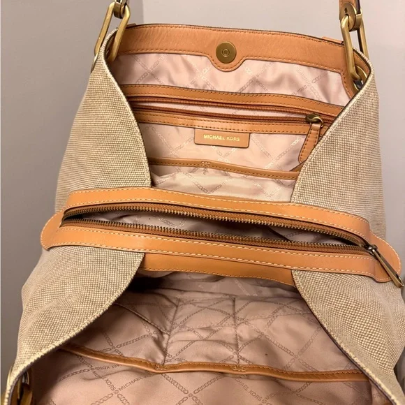 Michael Kors Beige Canvas Shoulder Bag with Tan Leather Trim - Picture 3 of 3